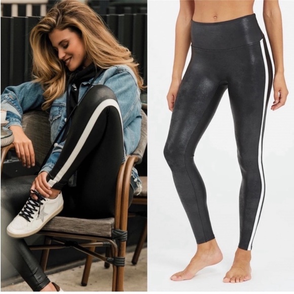 SPANX Faux Leather Leggings Tummy Control With Side Stripe Size M Tuxedo Stripe - Picture 1 of 16